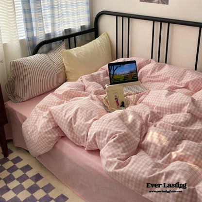 Mixed Gingham Striped Bedding Set / Blue