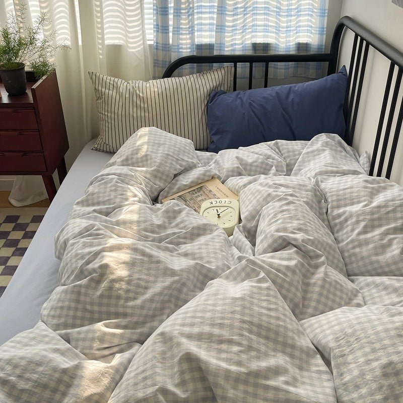 Mixed Gingham Striped Bedding Set / Brown