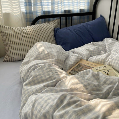 Mixed Gingham Striped Bedding Set / Purple Pink