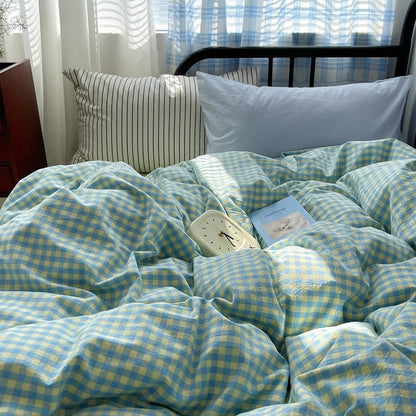 Mixed Gingham Striped Bedding Set / Purple Pink