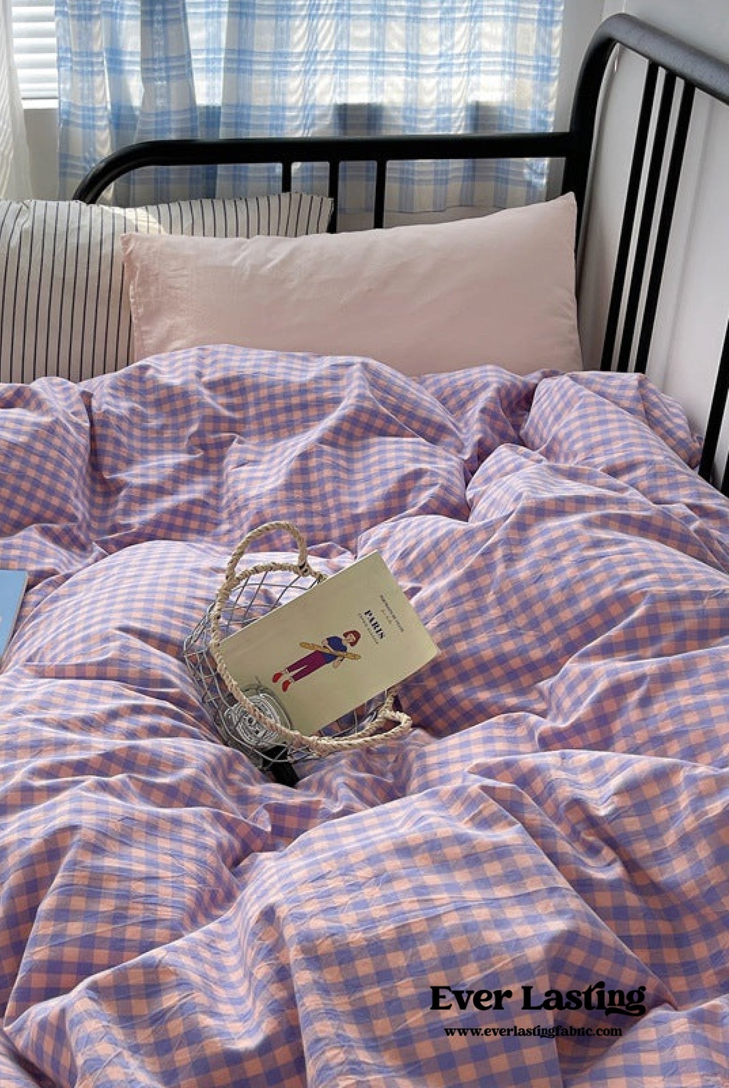 Mixed Gingham Striped Bedding Set / Purple Pink