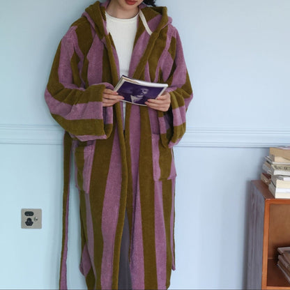 Modern Striped Cotton Bathrobe Set / Blue