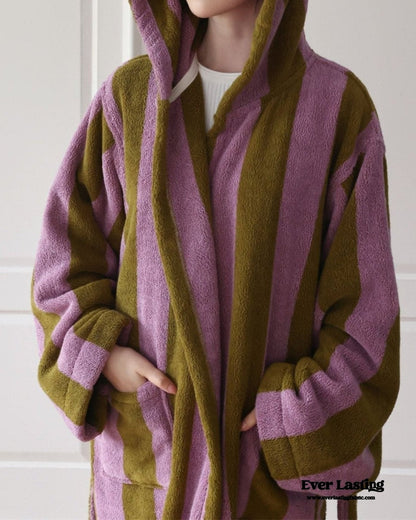 Modern Striped Cotton Bathrobe Set / Pink