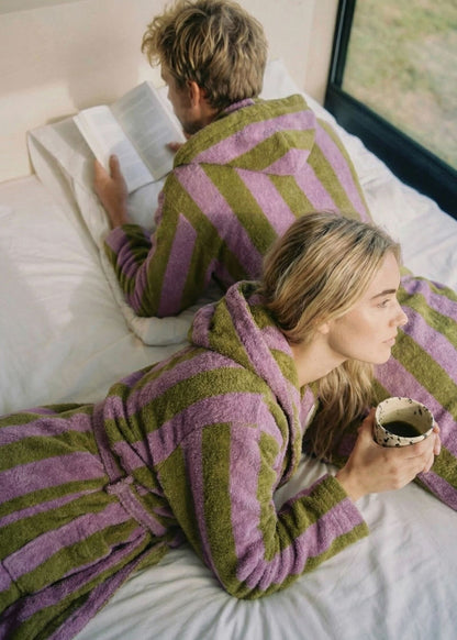 Modern Striped Cotton Bathrobe Set / Purple
