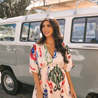 Natural Print V Neck Mini Dress - FINAL SALE