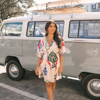 Natural Print V Neck Mini Dress - FINAL SALE