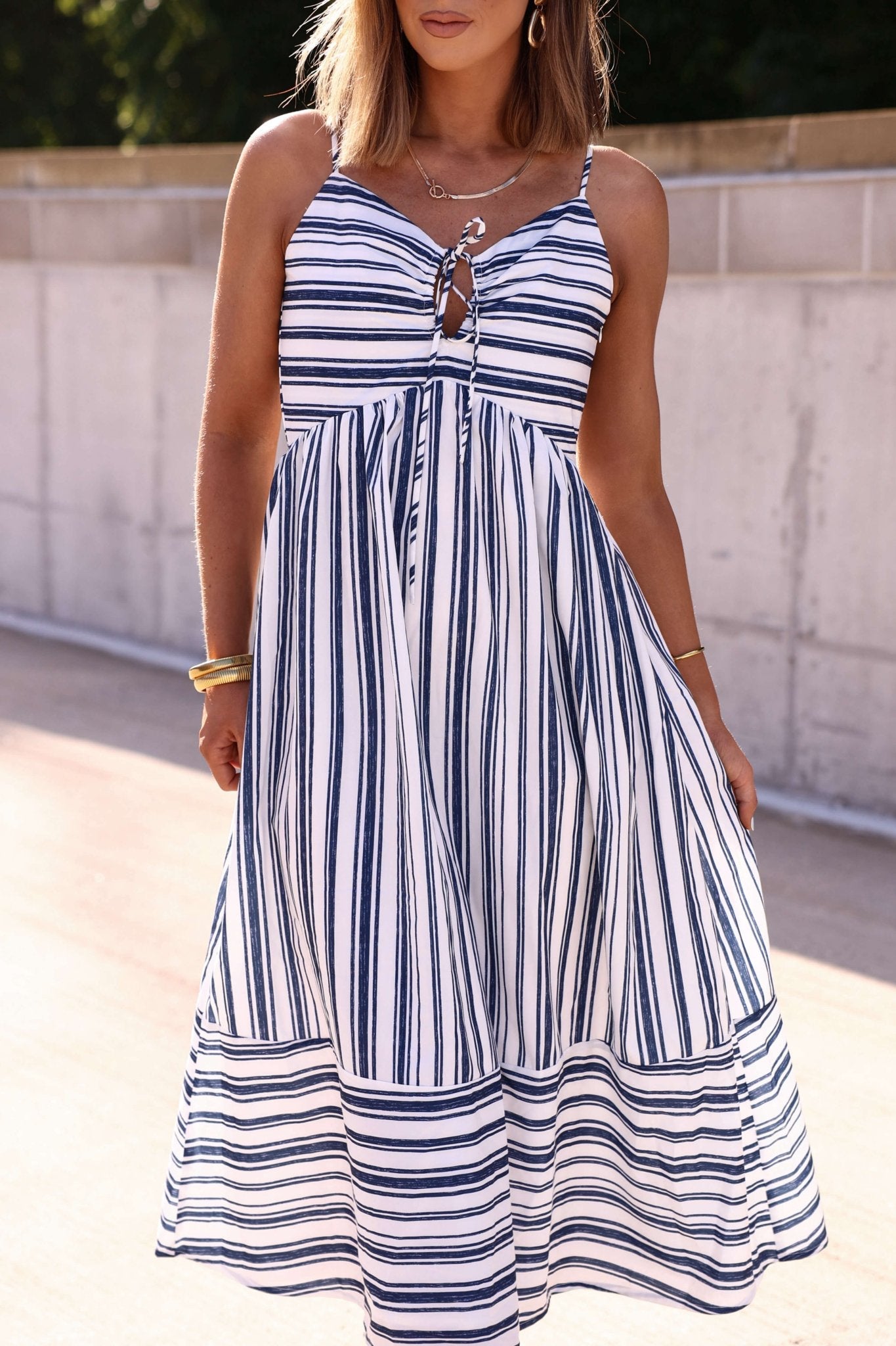 Navy and White Striped Tie Front Midi Dress - FINAL SALE