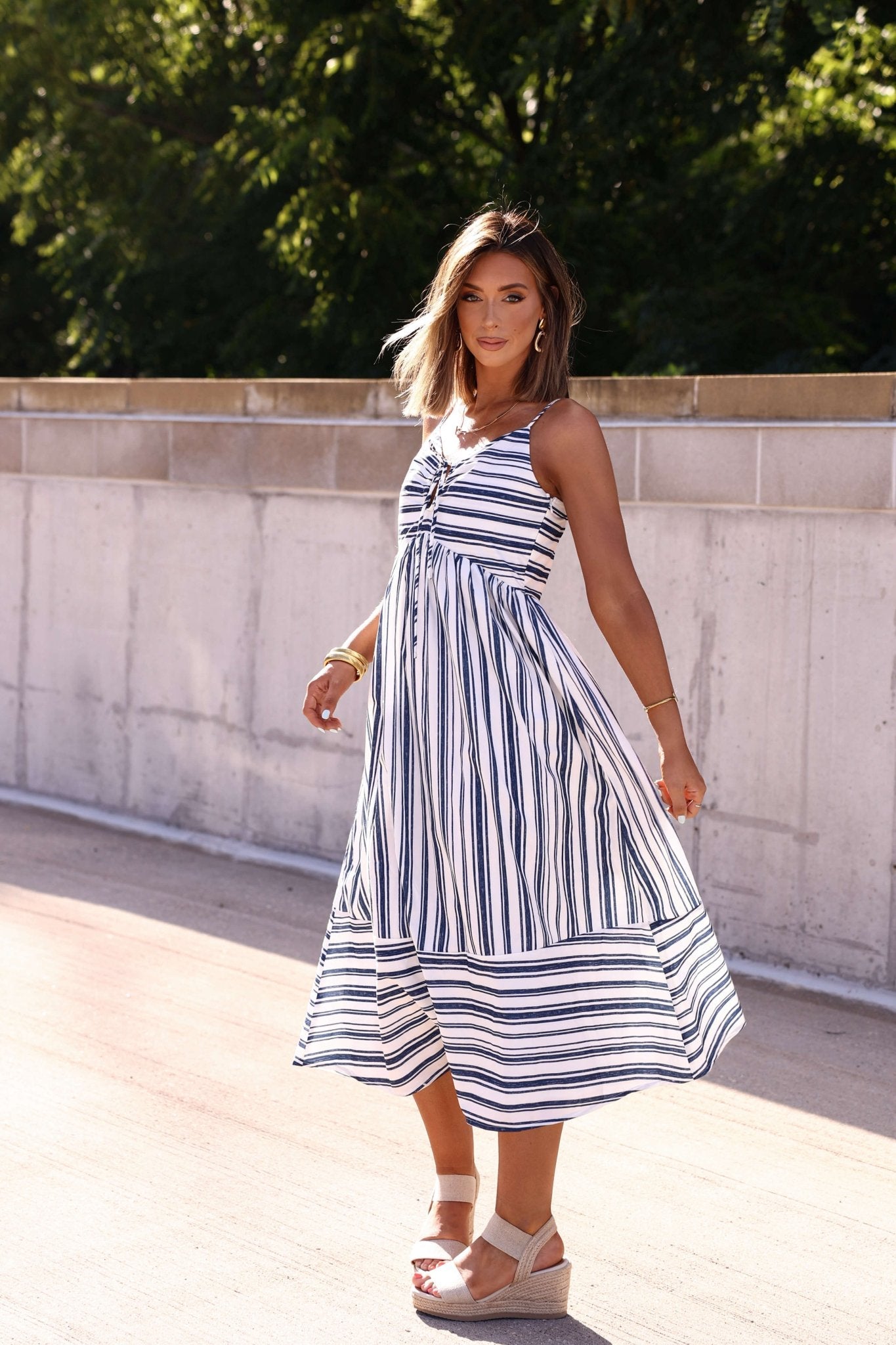 Navy and White Striped Tie Front Midi Dress - FINAL SALE