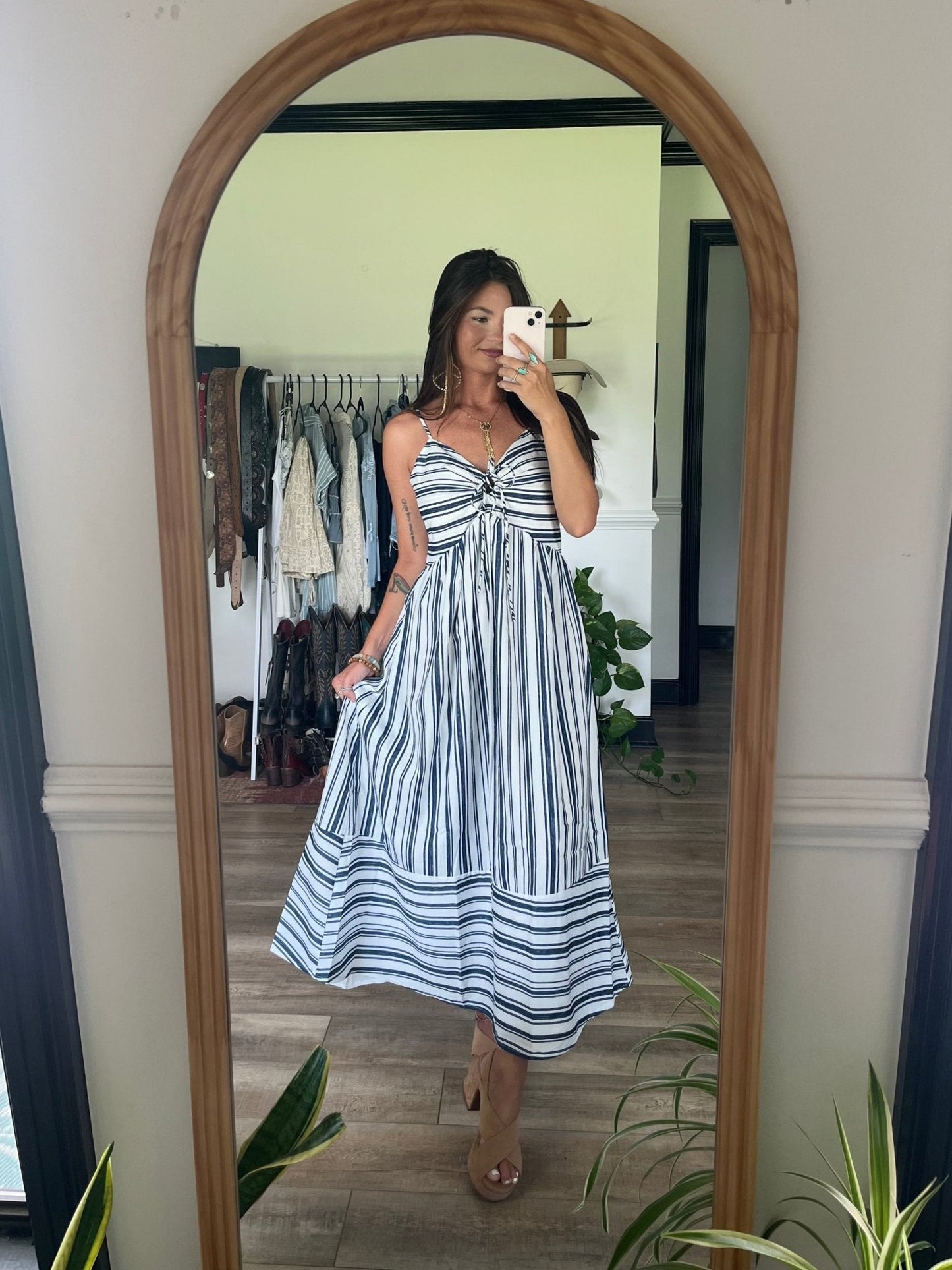 Navy and White Striped Tie Front Midi Dress - FINAL SALE