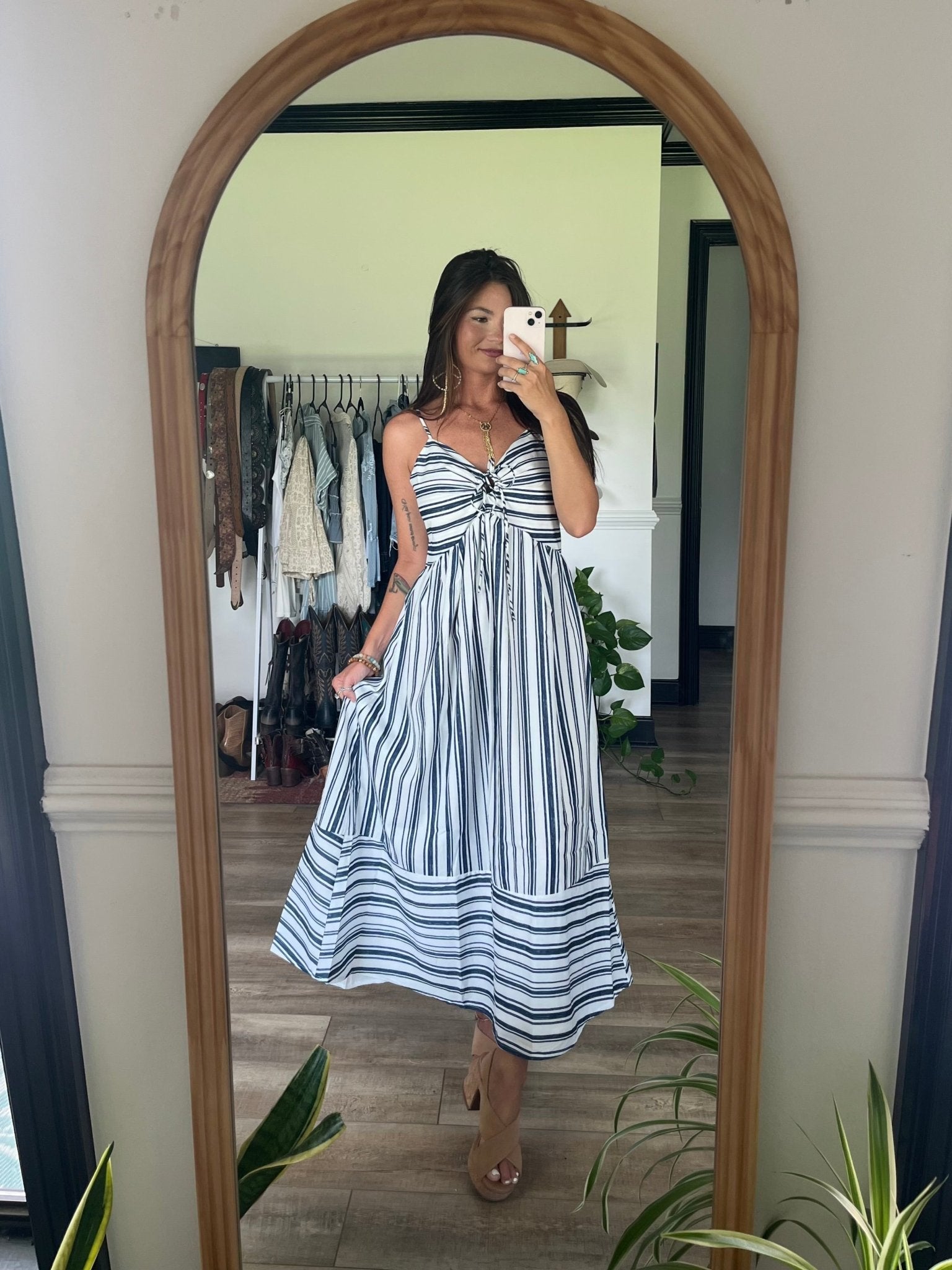 Navy and White Striped Tie Front Midi Dress - FINAL SALE