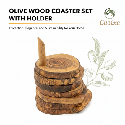 Olive Wood Coaster Set with Holder -7 Pcs