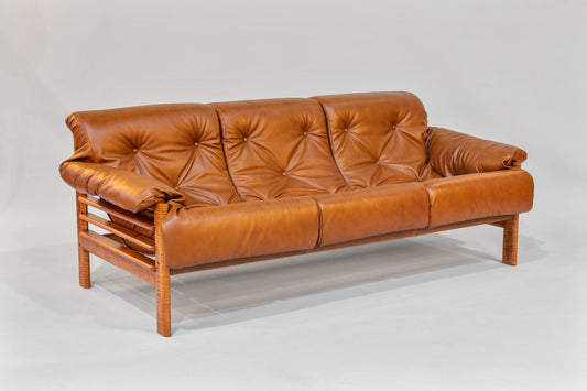 Sofa – Brown Leather with Tiger Maple Arms (Honey)
