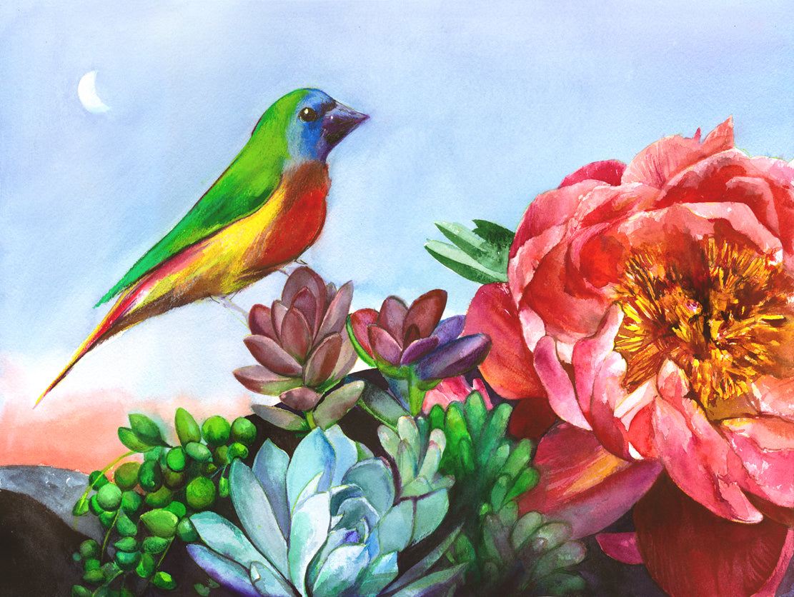 Parrot Finch in a Desert Garden – Premium Art Print