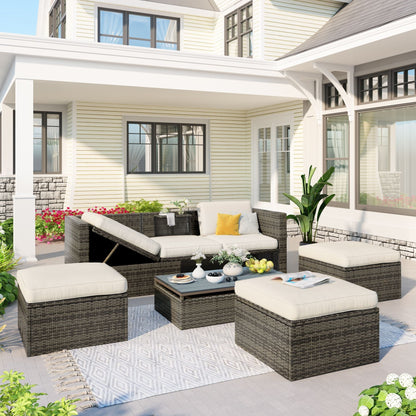 Patio Furniture Sets;  5-Piece Patio Wicker Sofa with Adustable Backrest;  Cushions;  Ottomans and Lift Top Coffee Table