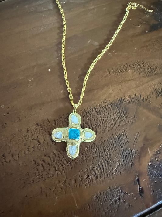Pearl and Turquoise Cross Pendant
