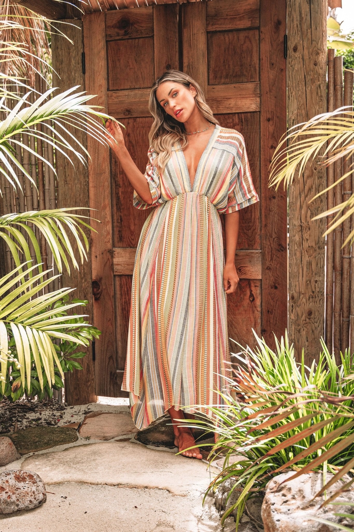 Pink Multi Stripe Kimono Sleeve Midi Dress - FINAL SALE