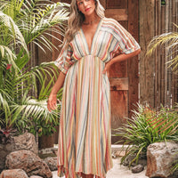 Pink Multi Stripe Kimono Sleeve Midi Dress - FINAL SALE