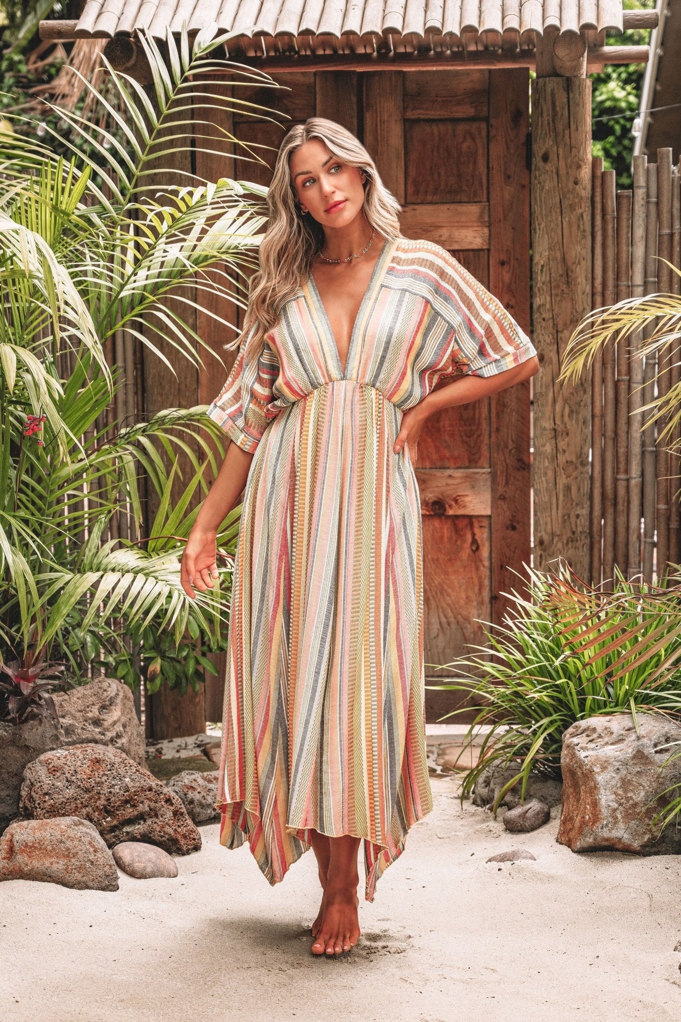 Pink Multi Stripe Kimono Sleeve Midi Dress - FINAL SALE