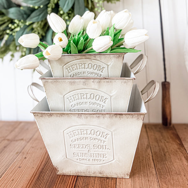 Vintage Inspired Heirloom Garden Supply Metal Planters, Set of Three