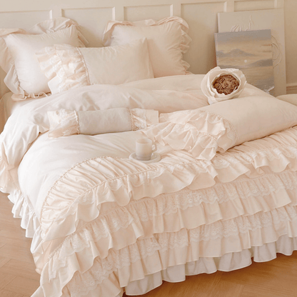 Princess Ruffle Lace Washed Cotton Bedding Set / Pink