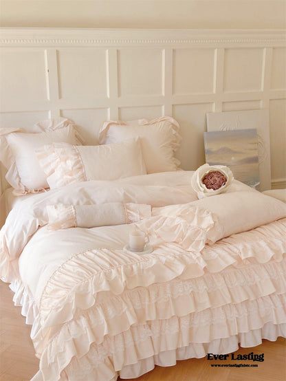 Princess Ruffle Lace Washed Cotton Bedding Set / Pink