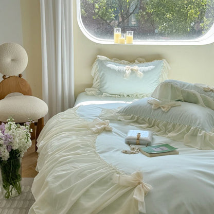 Ribbon Bow Airy Lace Bedding Set / Blue