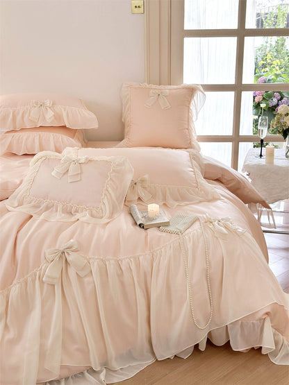 Ribbon Bow Airy Lace Bedding Set / Cream White