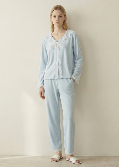 Rosy Velvet Coquette Lace Pajama Set / Blue