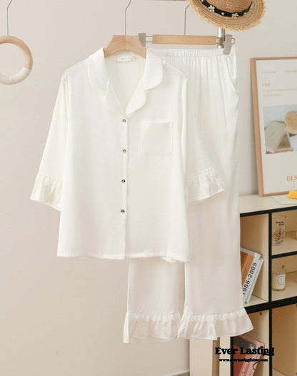 Silky Lace Ruffle Long Sleeves and Pants Pajama Set / White