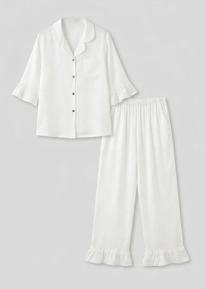 Silky Lace Ruffle Long Sleeves and Pants Pajama Set / White