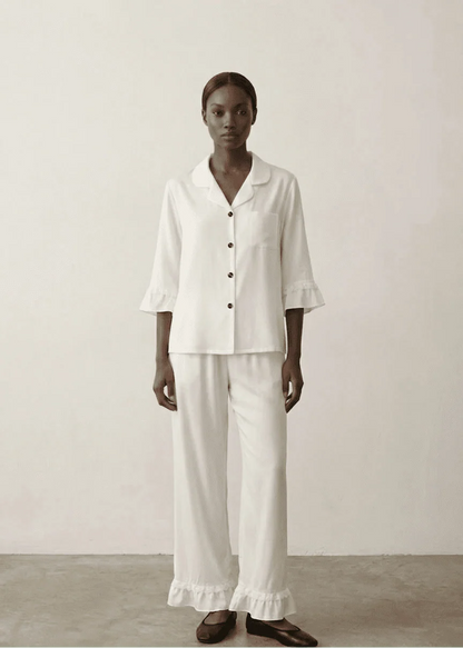 Silky Lace Ruffle Long Sleeves and Pants Pajama Set / White
