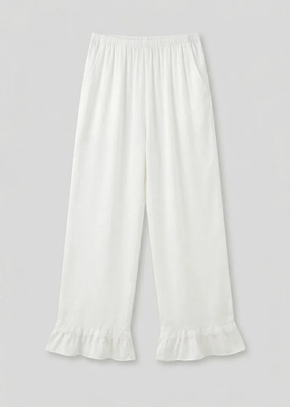 Silky Lace Ruffle Long Sleeves and Pants Pajama Set / White