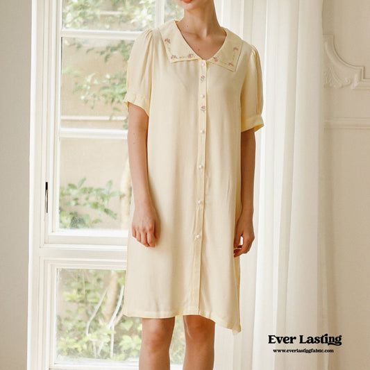 Silky Rose Cream Yellow Embroidered Nightgown Dress