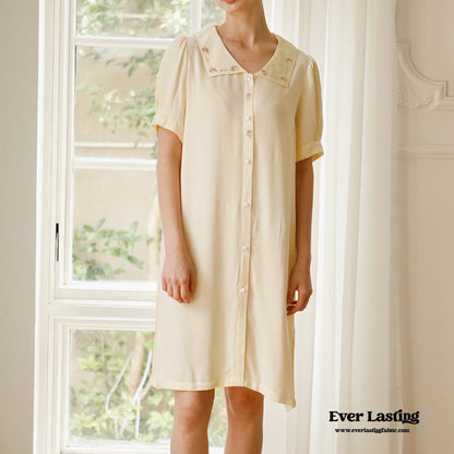 Silky Rose Cream Yellow Embroidered Pajama Set