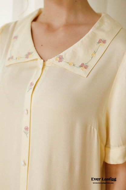 Silky Rose Cream Yellow Embroidered Pajama Set