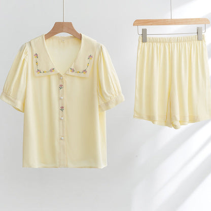 Silky Rose Cream Yellow Embroidered Pajama Set