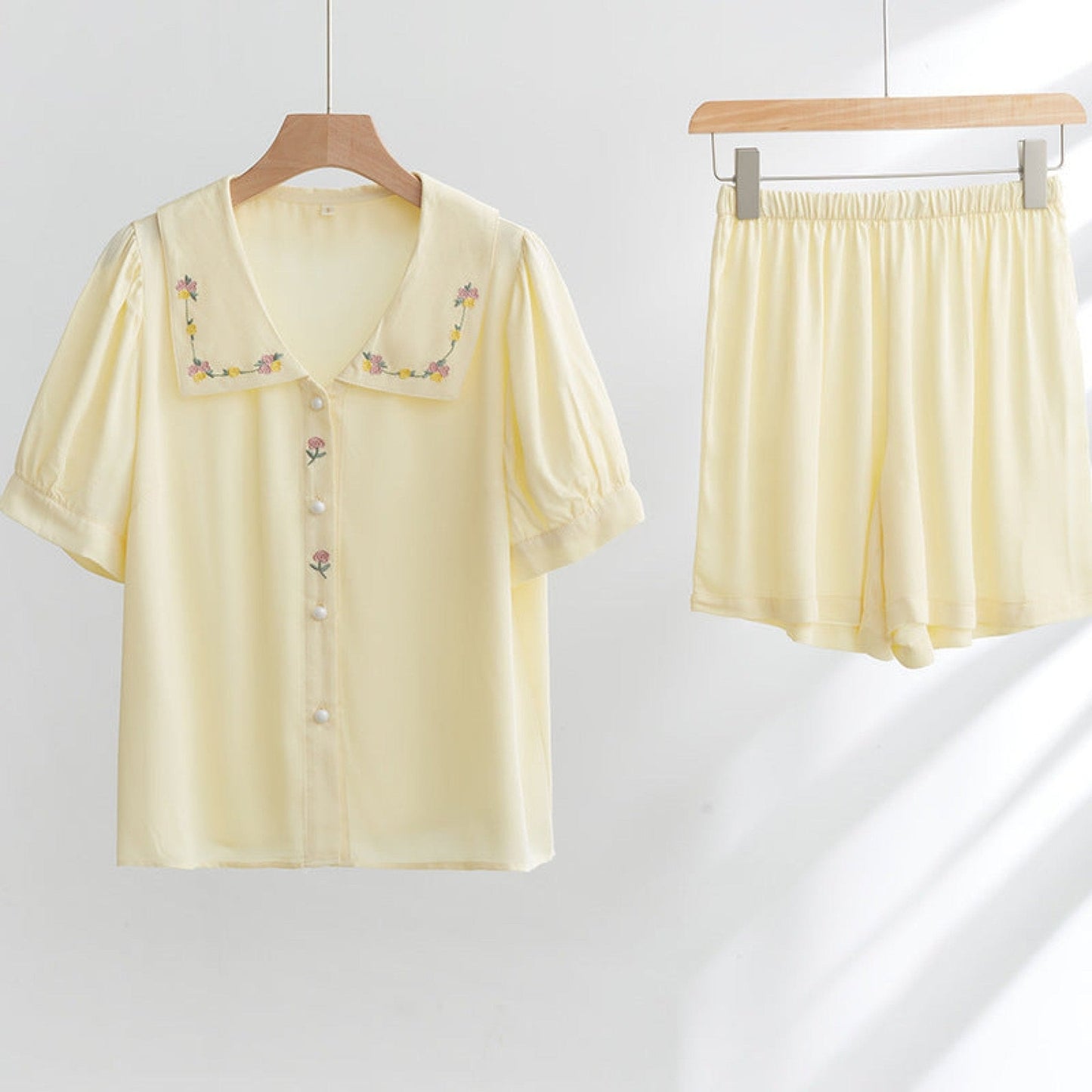 Silky Rose Cream Yellow Embroidered Short Pajama Set