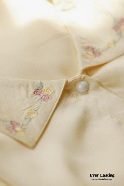 Silky Rose Cream Yellow Embroidered Short Pajama Set