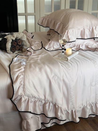 Silky Ruffle Blanket Comforter Set / Rust Pink