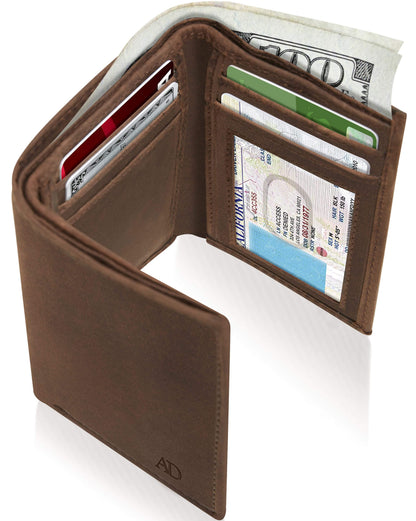 Genuine Leather Slim Trifold Wallet – ID Window, RFID Blocking