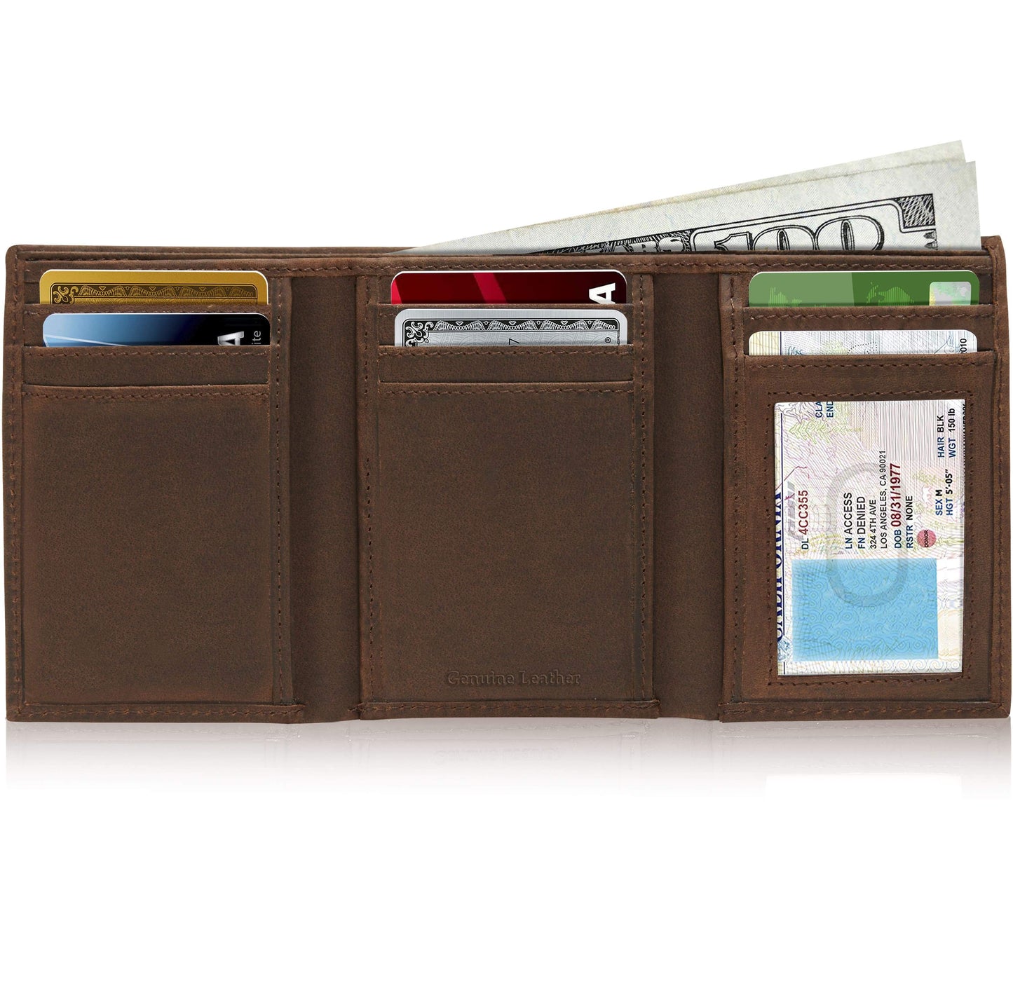 Genuine Leather Slim Trifold Wallet – ID Window, RFID Blocking