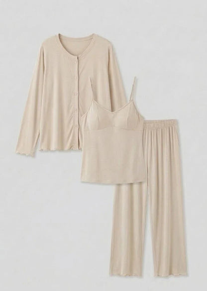 Solid Ruffle V Tank and Long Pants with Cardigan Modal Pajama Set