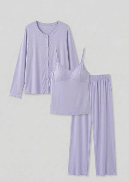Solid Ruffle V Tank and Long Pants with Cardigan Modal Pajama Set