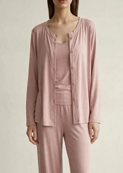Solid Ruffle V Tank and Long Pants with Cardigan Modal Pajama Set