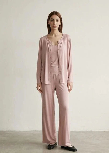 Solid Ruffle V Tank and Long Pants with Cardigan Modal Pajama Set