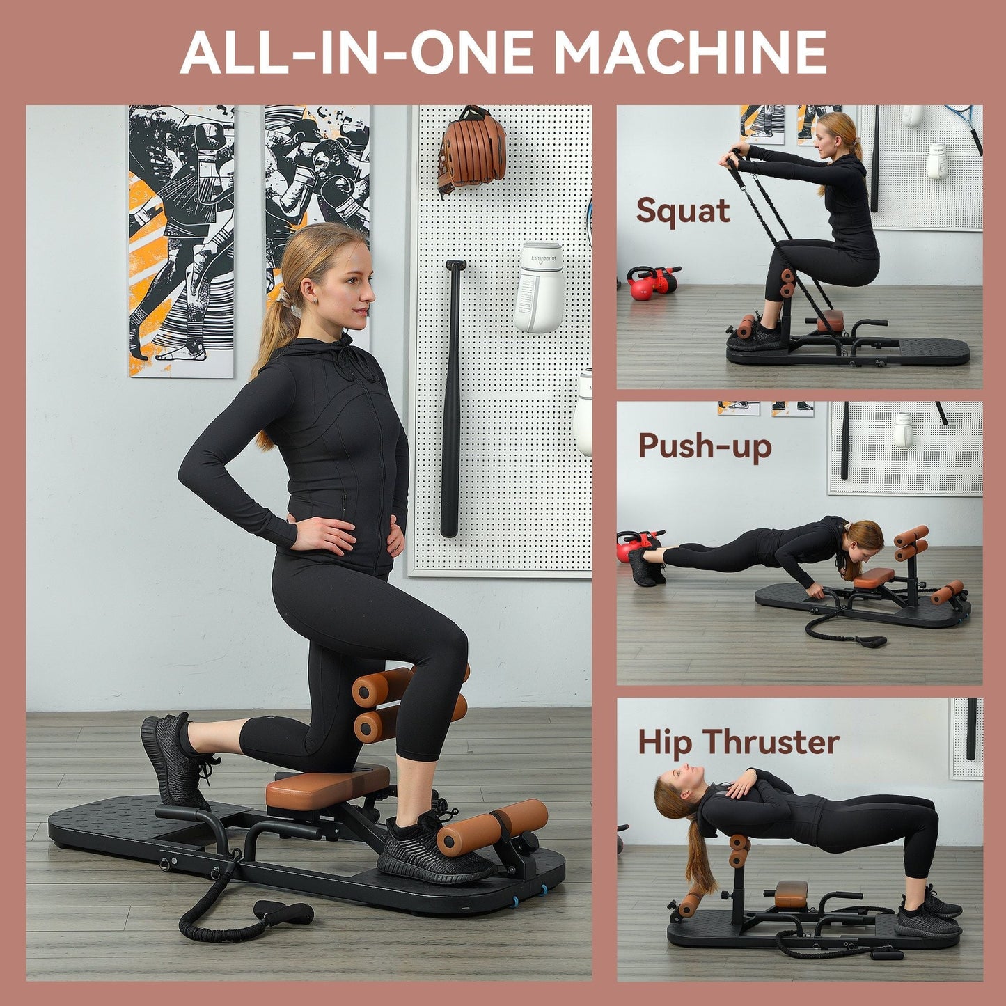 Soozier Foldable Sissy Squat Machine, Hip Thrust Machine with Push Up Stand, Multipurpose Glute Workout Equipment, Black