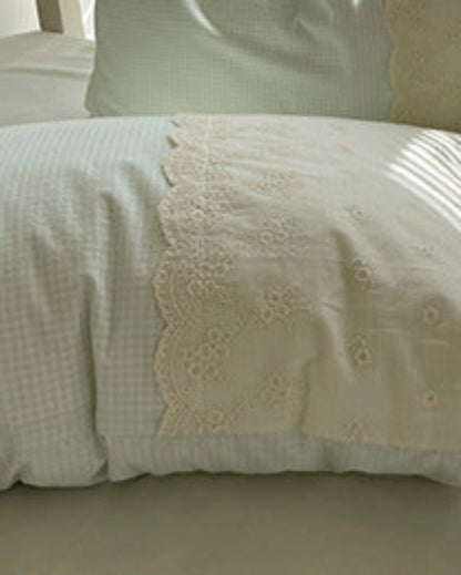 Sophia Gingham Lace Washed Cotton Bedding Set / Ocean Blue