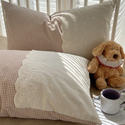 Sophia Gingham Lace Washed Cotton Bedding Set / Ocean Blue