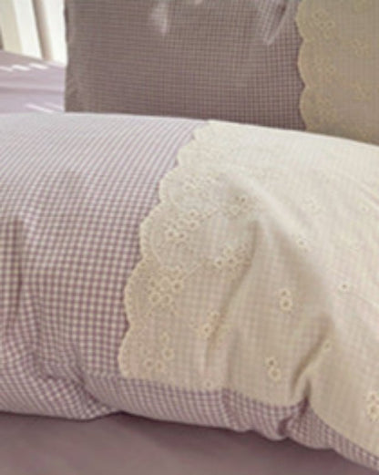 Sophia Gingham Lace Washed Cotton Bedding Set / Ocean Blue