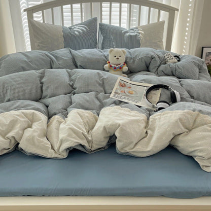 Sophia Gingham Lace Washed Cotton Bedding Set / Ocean Blue